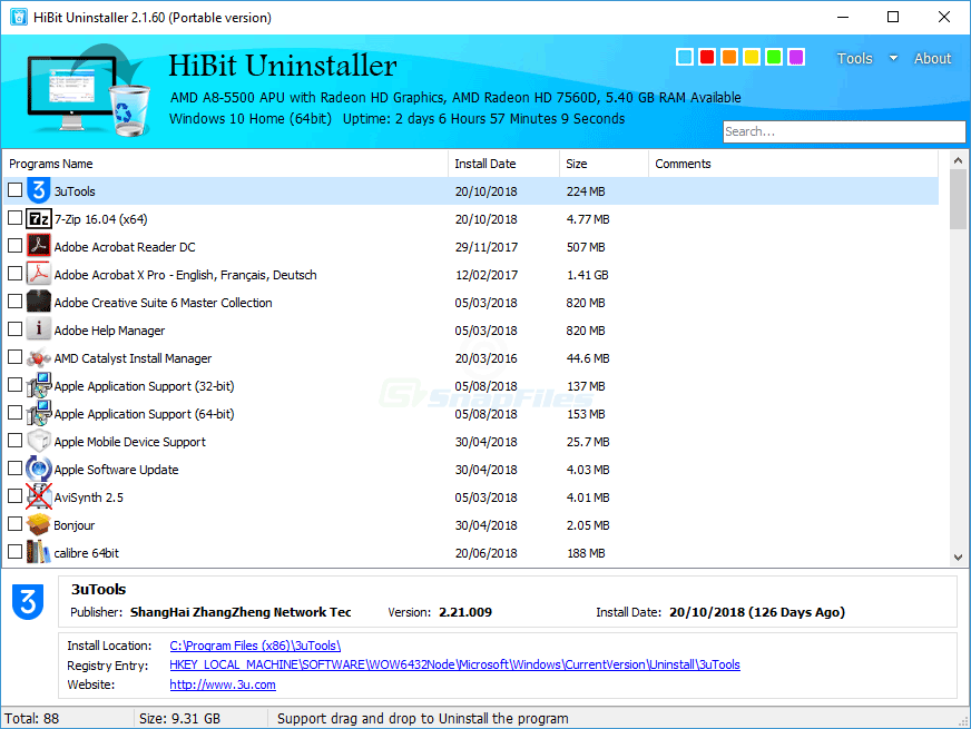 HiBit Uninstaller main window showing the installed programs list and program details